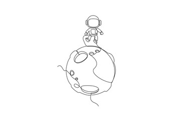 One continuous line drawing of simple line astronaut walking at the moon. Astronaut and Rocket space ship launch into universe concept. Dynamic single line draw design vector graphic illustration