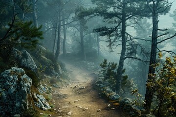 A dirt path winds through a dense forest, surrounded by trees and foliage
