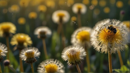 Obraz premium Bee Collecting Nectar from Dandelion at Sunset