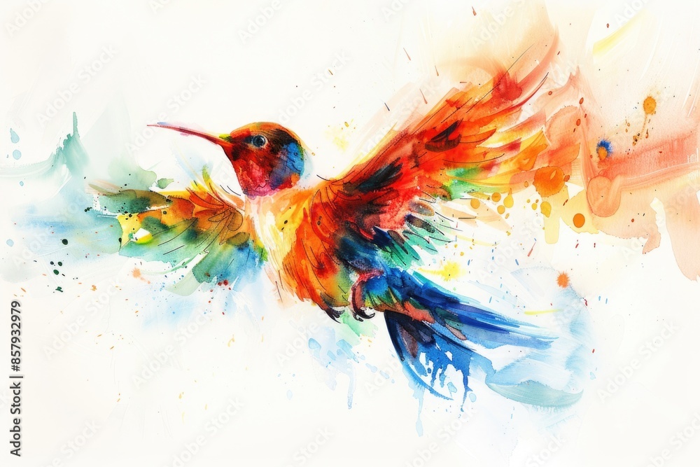 Poster a vibrant hummingbird in flight with iridescent feathers and bright colors