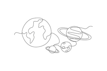 One continuous line drawing of Planet in outer space. Outer space and astronaut minimalist universe concept. Dynamic single line draw design vector graphic illustration