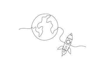 One continuous line drawing of Rocket back to earth so fast. Outer space and astronaut minimalist universe concept. Dynamic single line draw design vector graphic illustration