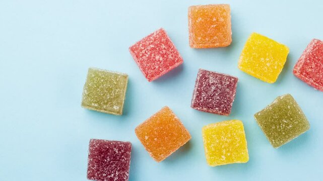 Stop motion of assorted jelly candies on blue background.