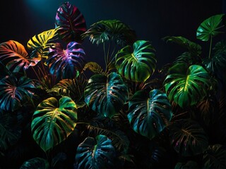 Colorful Monstera Leaves Under Dramatic Lighting
