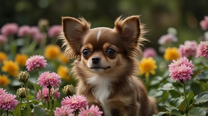 Chihuahua in a Flower Garden