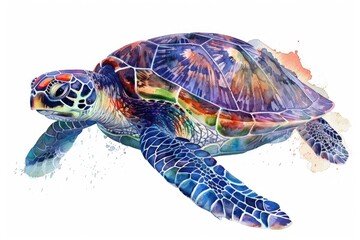 Illustration of a sea turtle swimming in the ocean with seaweed and coral