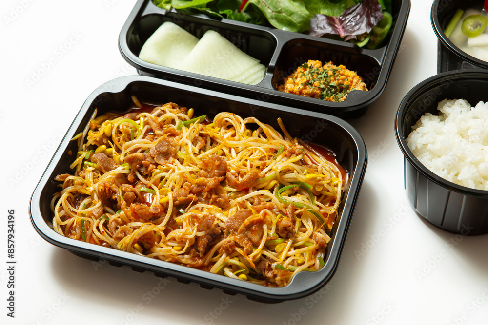 Poster take-out lunch box, spicy stir-fried meat and side dishes