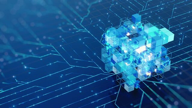 A complex visualization of a big data network with interconnected glowing blue cubes and lines, showcasing intricate data flow and processing.