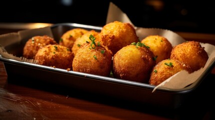 Tasty golden crispy hush puppies on tray
