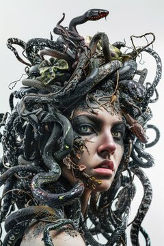 Woman with a serpent-inspired hairstyle, featuring multiple snakes wrapped around her head