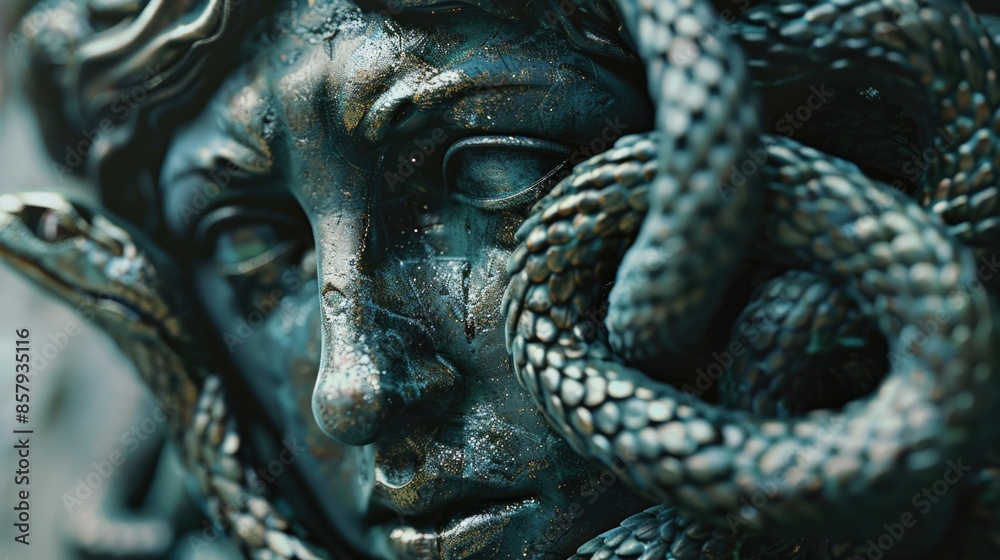 Aufkleber a close-up view of a statue with a snake wrapped around its head