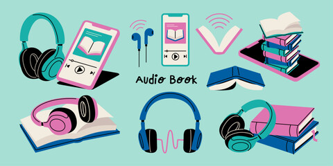 Vector illustration set of audiobook related items