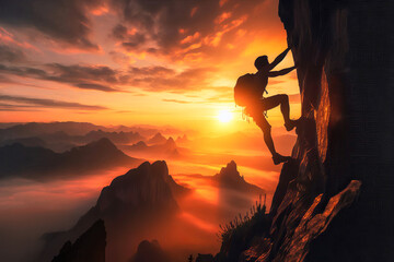 Silhouette of a mountaineer climbing a sheer cliff against the backdrop of a panoramic mountain...