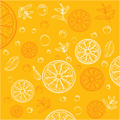 Silhouette Vector Drops Fresh Orange Fruits with leaf slice with Yellow  Background