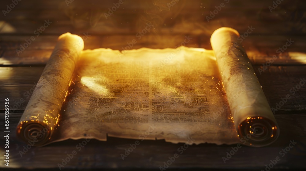Poster A rolled up scroll sitting on an old wooden table