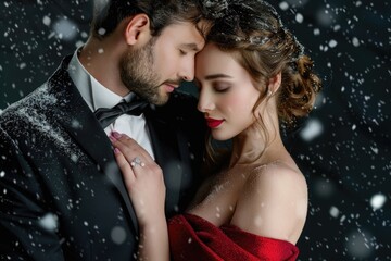 A formal couple dressed for an event, the man wearing a tuxedo and the woman a red dress