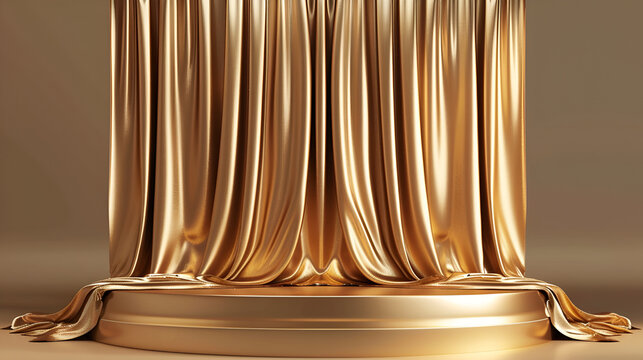 Beautiful, abstract background with curtain fabric, drape, pedestal, banner, frame 3d rendering 3d illustration,Gold abstract background. Luxury golden netal texture background,Colorful curtain 
