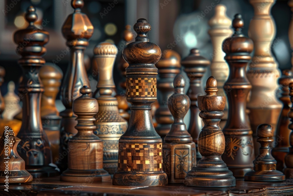 Poster A close-up of chess pieces arranged on a table