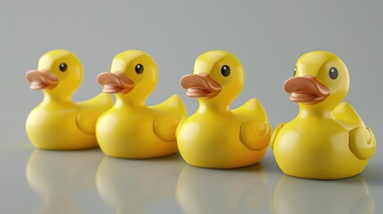 A group of bright yellow rubber ducks sitting in a row, suitable for use in illustrations, educational materials or decorative purposes