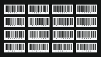 Barcode set on a black background. Printable barcodes sheet