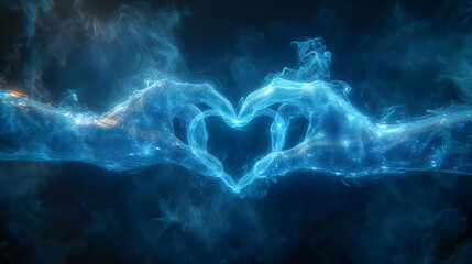 blue hologram hands holding a love
