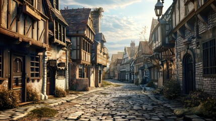 Obraz premium A classic scene of a cobblestone street flanked by historic buildings, perfect for use in designs related to architecture, history or nostalgia