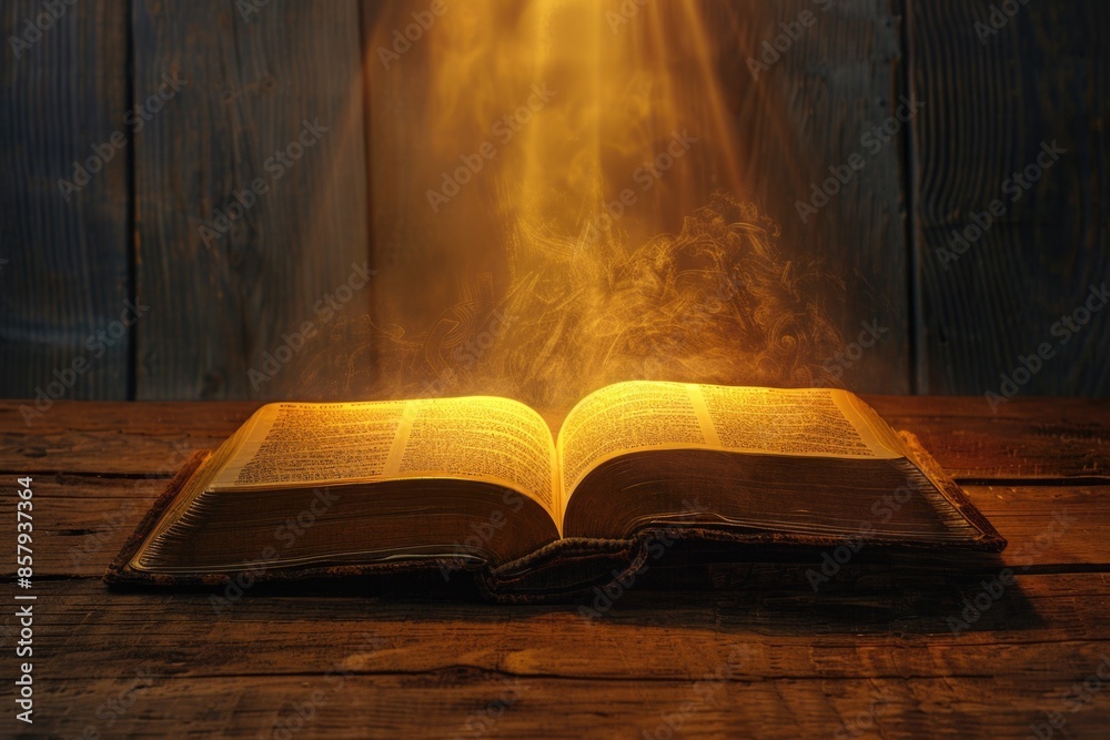 Poster an open book illuminated by a bright light on a wooden table