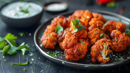 Fototapeta premium A plate of freshly made fast food cauliflower wings with vibrant colors and crispy textures