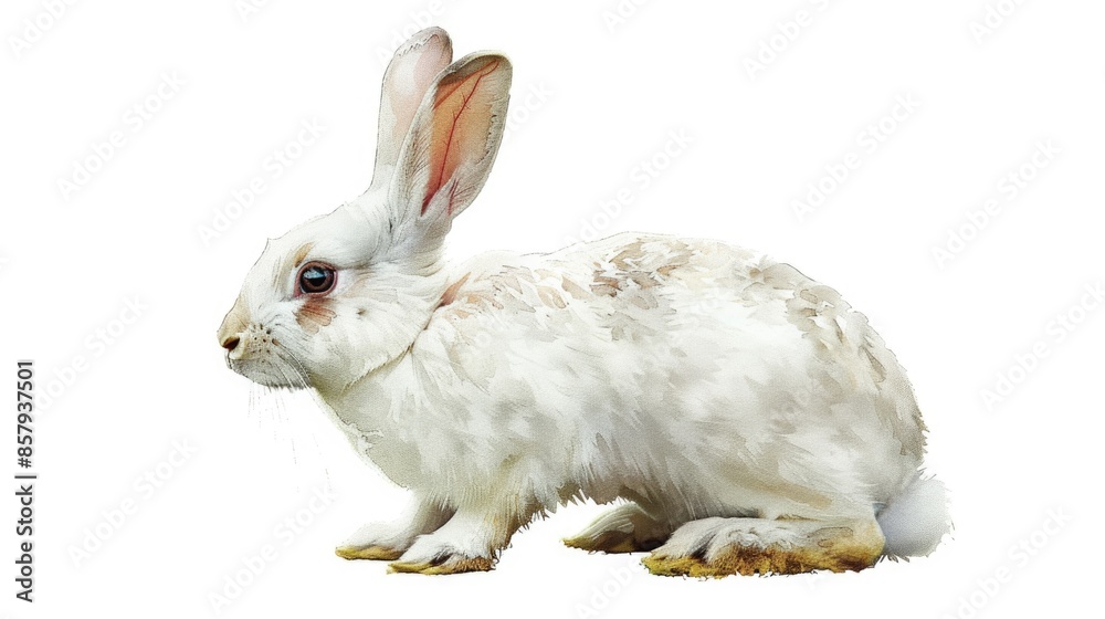 Poster a close-up image of a white rabbit sitting on a plain white background, looking directly at the came