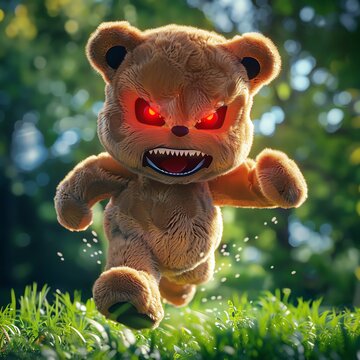 Evil teddy bear with glowing red eyes running through the grass.