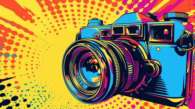Vintage camera in pop art style with bright colors and halftone dots