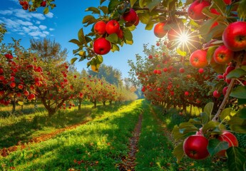 Apple orchard in autumn green grass, beautiful scenery, green nature	