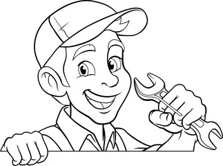 A handyman, mechanic, plumber or other construction cartoon mascot man holding a wrench or spanner tool.