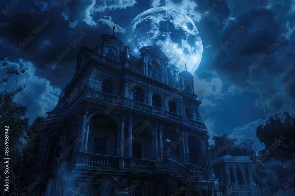 Poster a large building illuminated by a full moon in the night sky, great for use as a background or to re