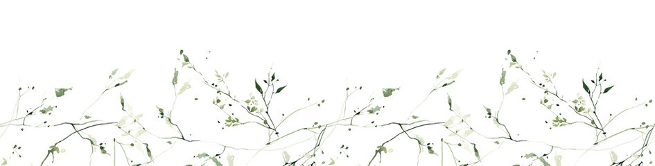 Watercolor painted meadow greenery seamless frame on white background. Green wild plants, branches, leaves and twigs.