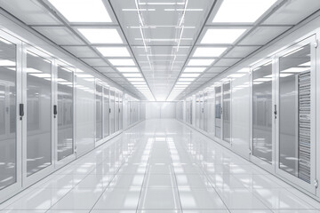 Fototapeta premium 3d rendering of modern white data center with rows of computer server cabinets in an empty room with square tile floor and ceiling lights. White background.