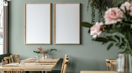 Two blank picture frames on the wall of cozy interior. Minimalistic Scandinavian style. Canvas mockup with copyspace for poster design, decor template