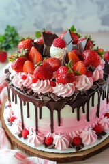 Strawberry Delight: Decadent Chocolate Drizzle Cake on Display