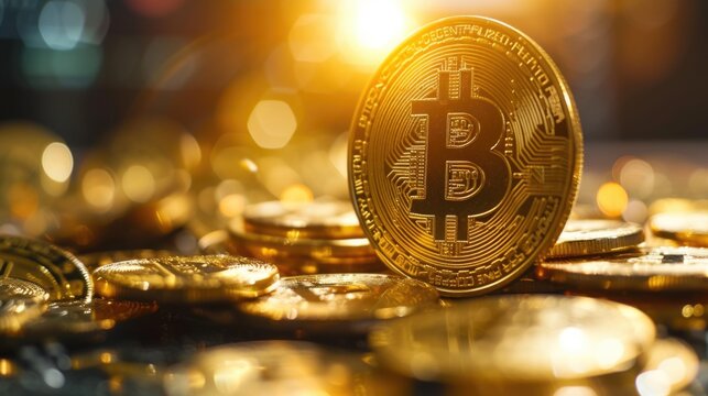 Glowing Bitcoin on Pile of Cryptocurrency Coins - Financial Growth Concept