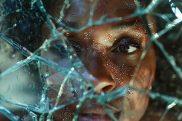 A person looks closely at a broken glass, possibly trying to fix it or figuring out what happened