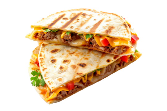 A close-up of stacked quesadillas filled with vegetables, meat and sauce