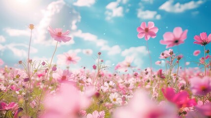 Pink Cosmos Flowers Blooming in a Field
