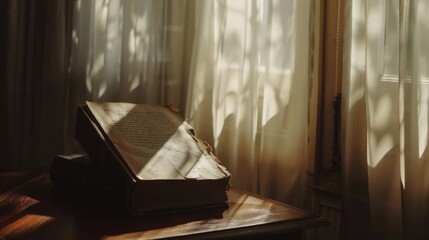 A closed book sitting on top of a wooden table, often used as a symbol of knowledge and learning