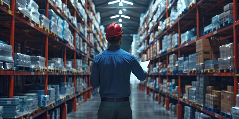 Obraz premium Interior of a modern warehouse storage of retail shop with pallet truck near shelves