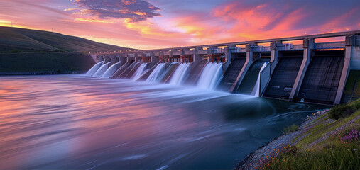 Hydroelectric Dam at Sunset. Generative ai