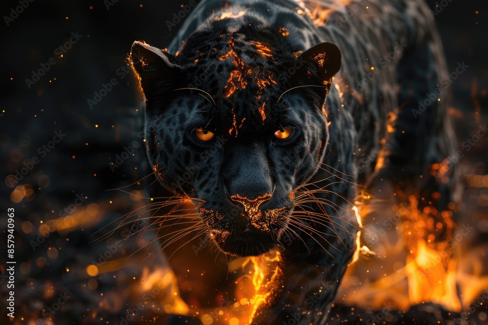 Poster A leopard walks through a field of flames