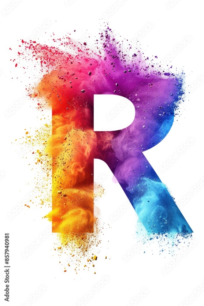 Poster a close-up view of a letter r composed of colored powder, suitable for use in educational or artisti