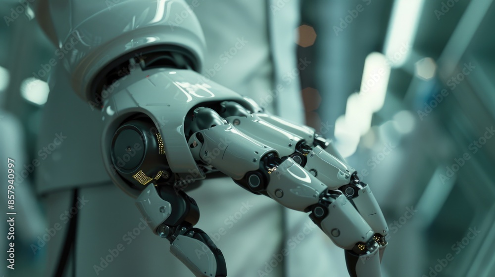Poster a detailed view of a robot's arm and hand, suitable for technology or innovation themed projects