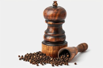 A wooden pepper mill filled with freshly ground black pepper