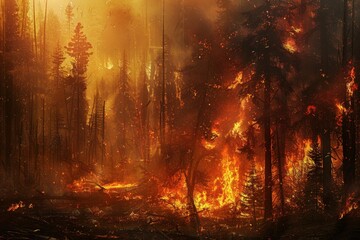 Fototapeta premium Intense Wildfire Ravaging Through Forest at Night